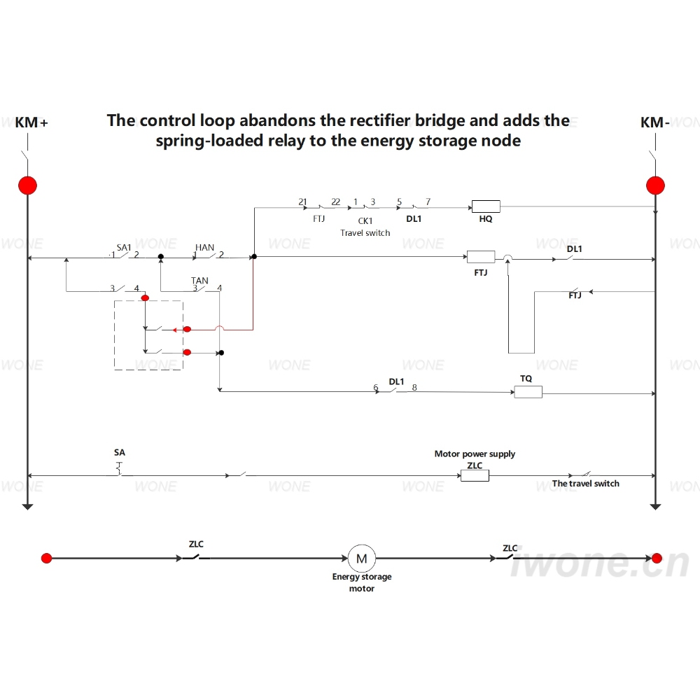 The control loop abandons the rectifier bridge and adds the spring-loaded relay to the energy storage node