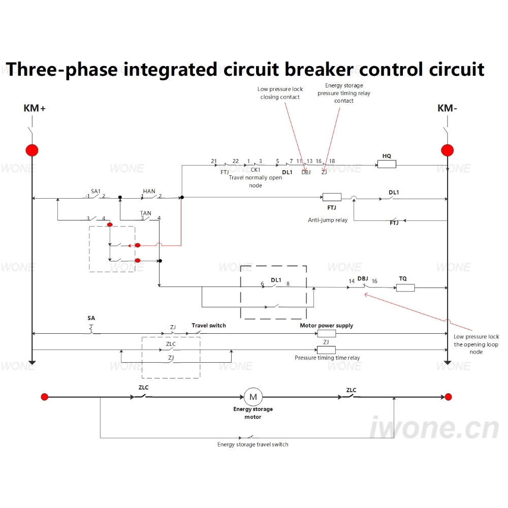 Three-phase integrated circuit breaker control circuit