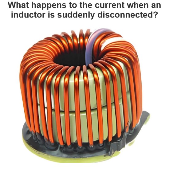 What happens to the current when an inductor is suddenly disconnected?