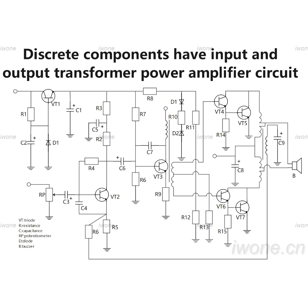 Discrete components have input and output transformer power amplifier circuit