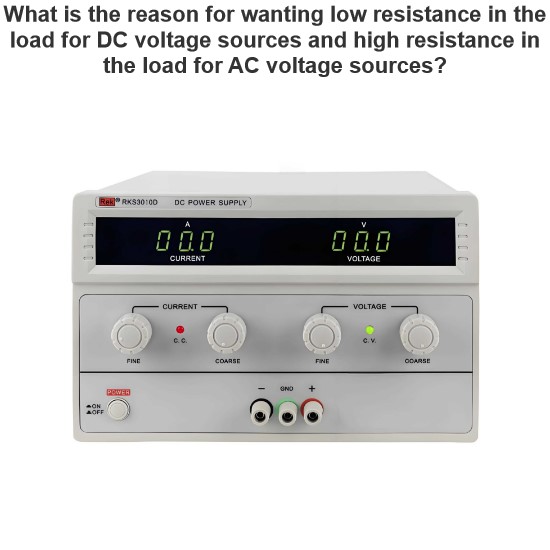 What is the reason for wanting low resistance in the load for DC voltage sources and high resistance in the load for AC voltage sources?