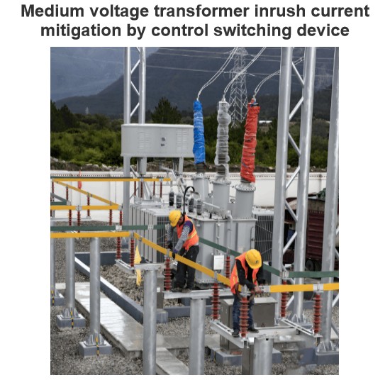 Medium voltage transformer inrush current mitigation by control switching device