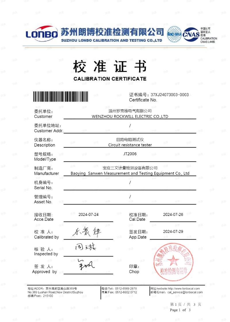 Calibration certificate for circuit resistance tester